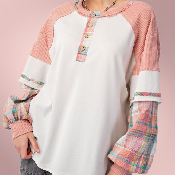 EASEL "Alabama Top - Talladega" Loose Fit Henley Layered Look Mineral Washed Top - Picture 4 of 14